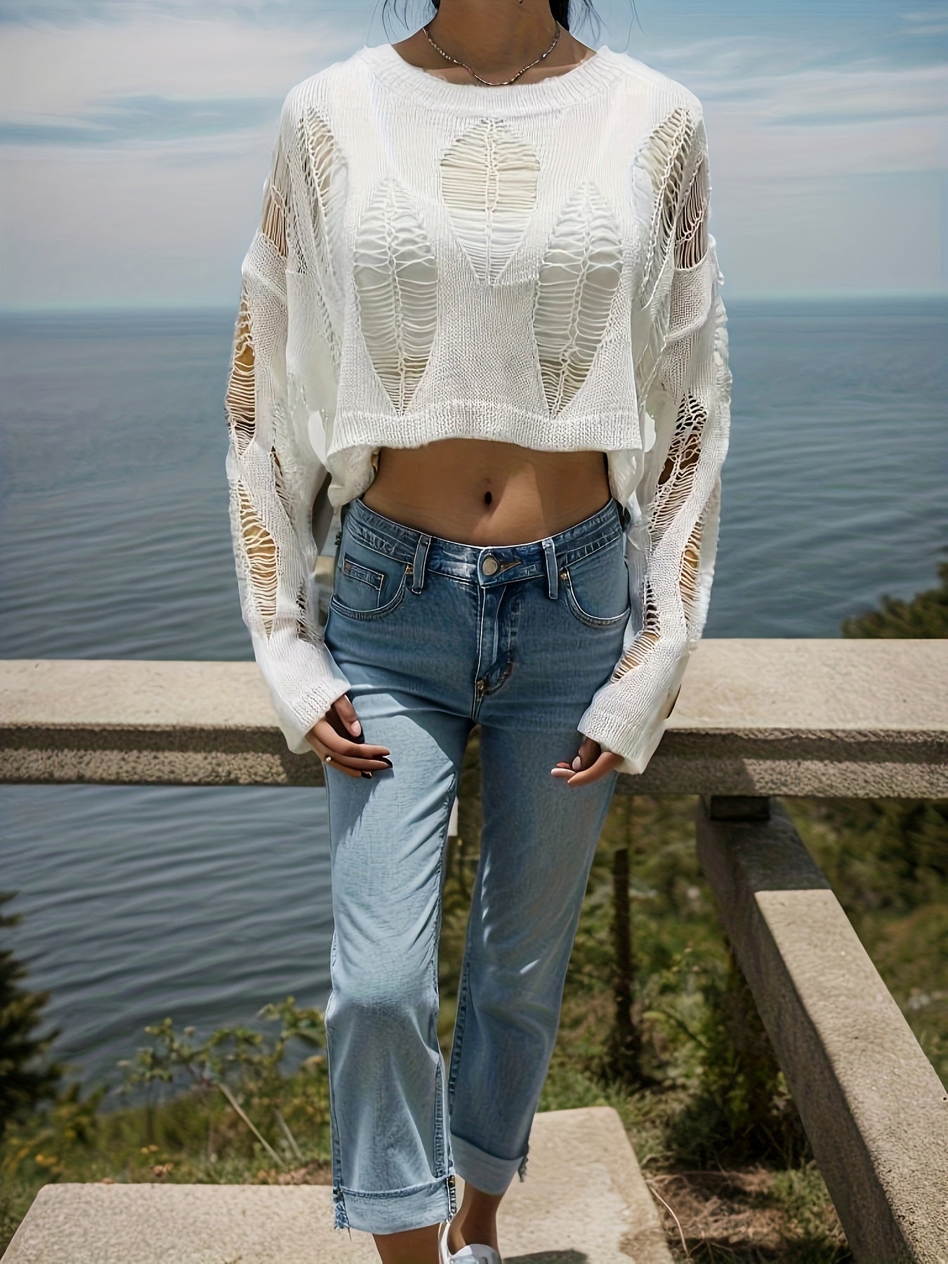 Solid Cut Out Crop Knitted Sweater, Cute Long Sleeve Crew Neck Sweater For Spring & Summer, Women's Clothing